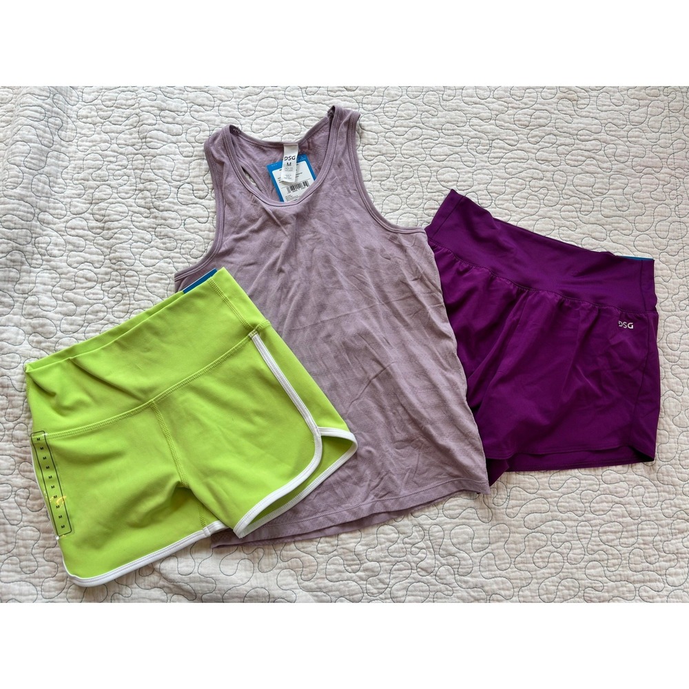 DSG‎ Girls 3 Piece Activewear Set Tank Top Lime Green Purple Shorts Size M 10-12